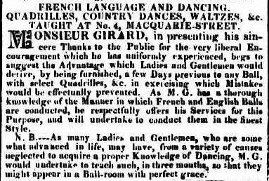 Girard's advertisement in the Sydney Gazette 5 May 1825. 