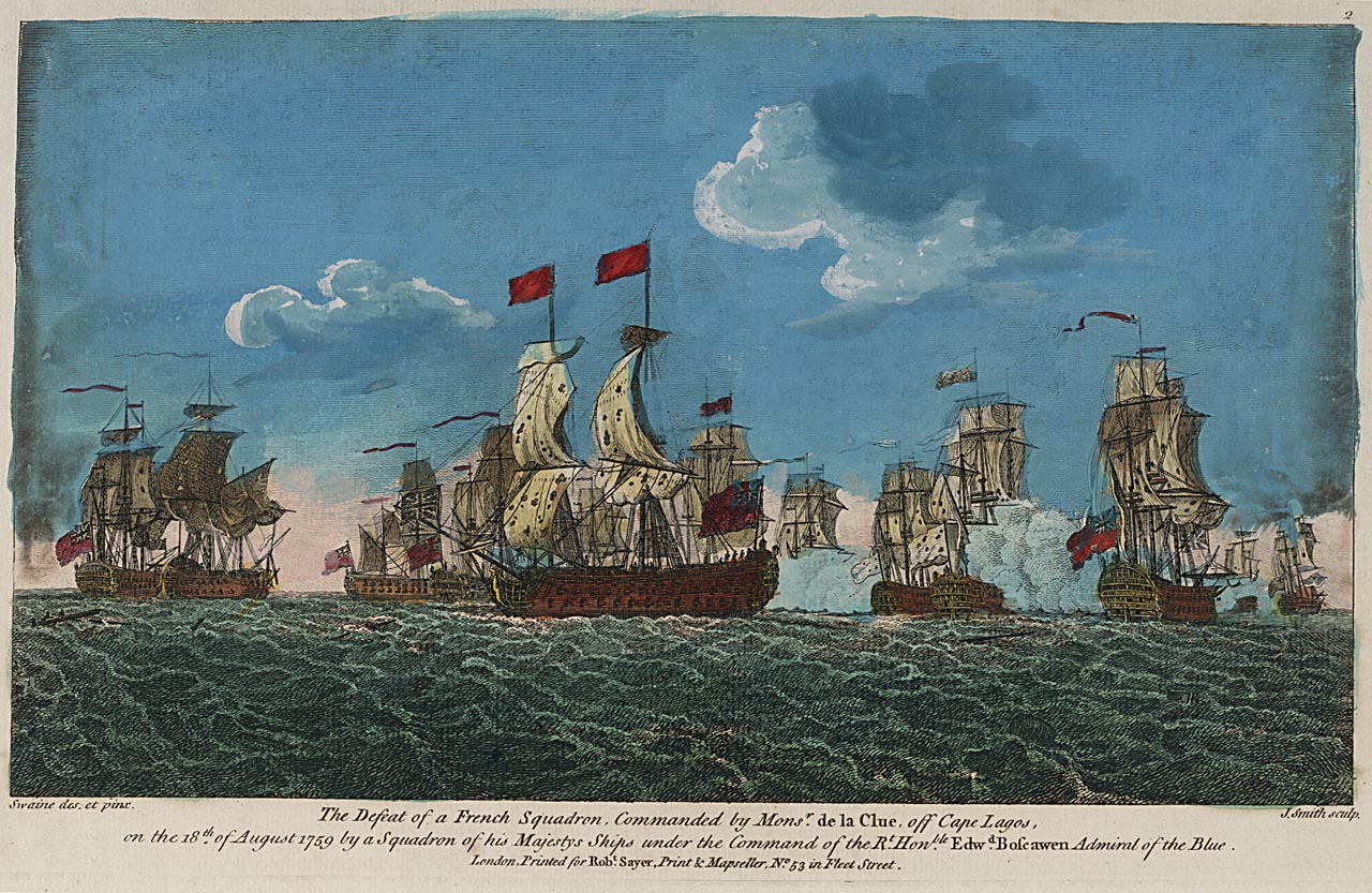 The Defeat of a French Squadron, Commanded by Monsr. de la Clue, off Cape Lagos, on the 18th of August 1759 by a Squadron of his Majestys Ships under the Command of the Rt Honble Edwd Boscawen Admiral of the Blue (PAD5260)