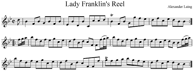 "Lady Franklin's Reel." Transcribed by Roland Clarke from the reproduction of the original in <em>On the Fiddle From Scotland to Tasmania. The Life and Music of Alexander Laing (1792-1868) convict, Constable, Fiddler and Composer</em>.