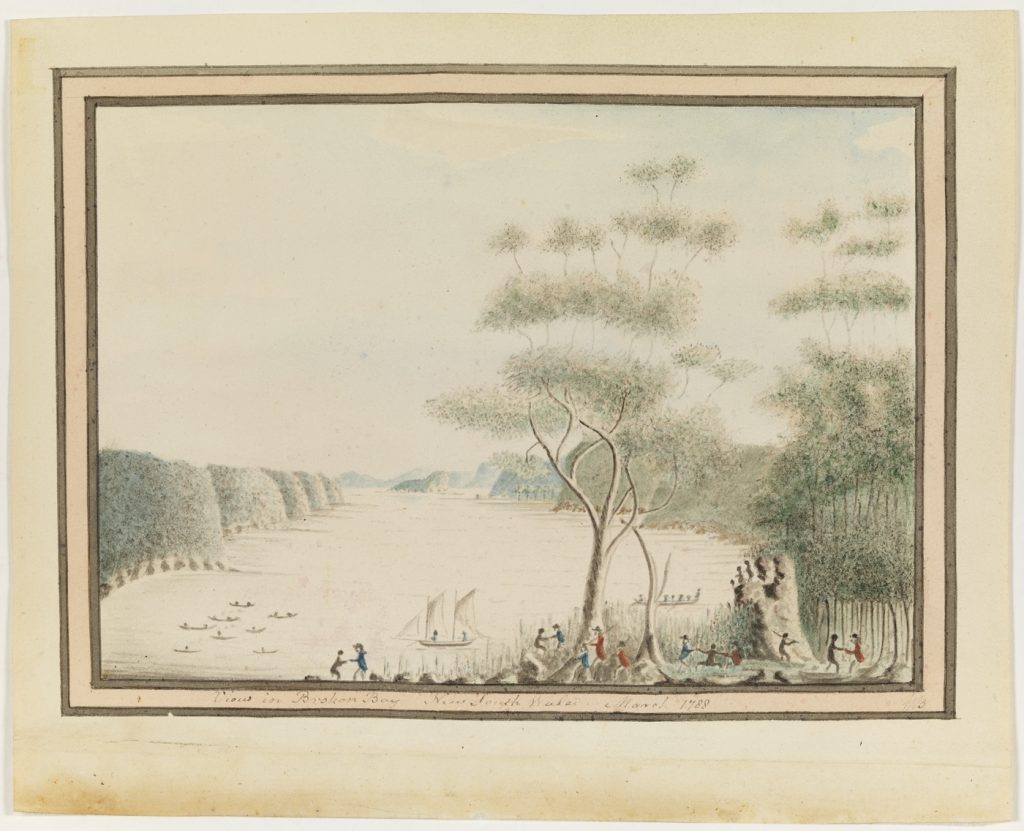 Indigenous people dancing with members of the First Fleet. View in Broken Bay / 1788. William Bradley, In his A Voyage to New South Wales Courtesy of State Library of New South Wales http://archival.sl.nsw.gov.au/Details/archive/110316551