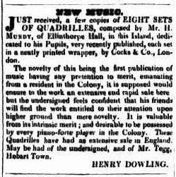 The advertisement for Mundy's Quadrille music in the <em>Launceston Advertiser </em> April 19, 1838. National Library of Australia. http://nla.gov.au/nla.news-article84755070