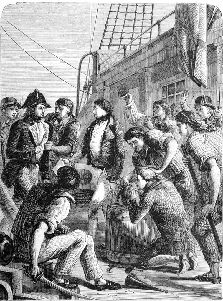 Seamen complaining of their rations, privious to the mutiny at Nore. Cassell's Illustrated History of England vol 6 (1865). https://en.wikisource.org/wiki/Page:Cassell%27s_Illustrated_History_of_England_vol_6.djvu/171