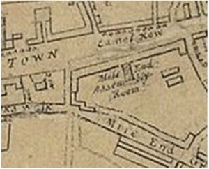 Detail of 1770 clearly showing the Mile End Assembly Room. Crace Collection Of Maps Of London. A drawn map of London, Westminster and Southwark 1770. http://www.bl.uk/onlinegallery/onlineex/crace/other/007zzz000000004u00136000.html