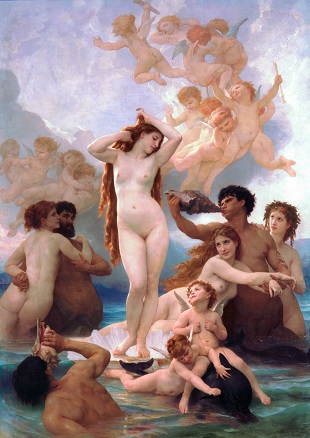 Aphrodite, Goddess of love, beauty and sexuality. Art in eighteenth-century Europe was dominated by neo-classical themes, and the goddess of love was a popular image. Painting by William Adolphe Bouguereau. https://commons.wikimedia.org/wiki/File:The_Birth_of_Venus_by_William-Adolphe_Bouguereau_(1879).jpg